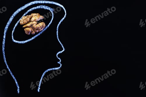 Preview: silhouette of person drawn head with abstraction brain in the form of walnut