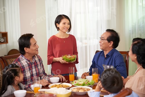 Preview: Housewife bringing dish to table