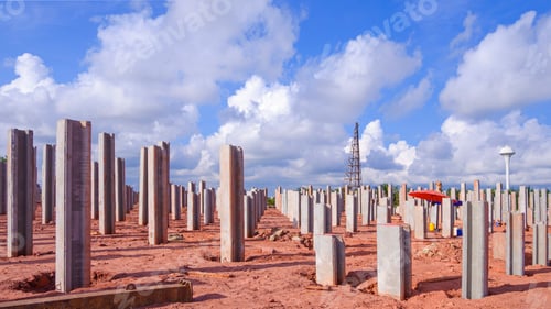Preview: Many precast concrete piles on the ground in factory foundation construction site with cloudy sky