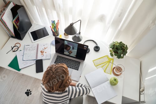 Preview: Unrecognizable boy video chatting on laptop while studying