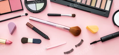 Preview: Make up cosmetics products against pink color background, banner