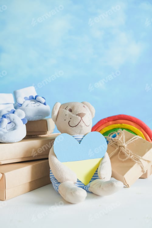 Preview: Donations Ukraine, volunteering, charity, war refugees. Litter of toys, clothes for children