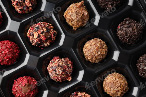 Preview: Chocolate candies in box all over background, close up