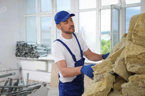 Preview: Construction worker with used glass wool in room prepared for renovation