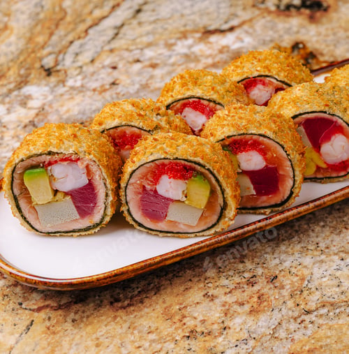 Preview: Sushi rolls on a plate with a crispy outer layer and vibrant filling