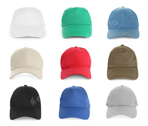 Preview: Set with stylish baseball caps on white background