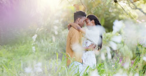 Preview: Dance, garden and love with black couple in nature for romance, honeymoon date and bonding together