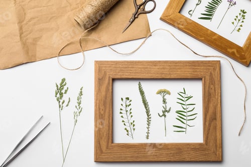 Preview: Flat lay composition with frames of wild dried meadow flowers on white background