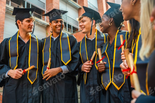 Preview: Diverse students celebrating graduation day with diplomas at university
