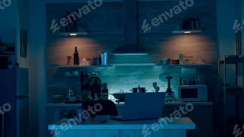 Preview: Young person coming in kitchen holding mobile giving voice command