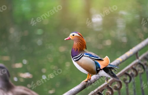 Preview: A beautiful male mandarin duck stands on a fence near the lake