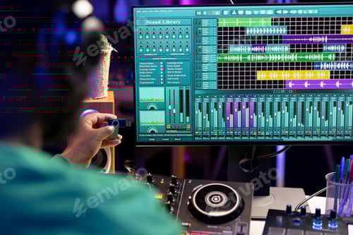 Preview: Artist composing new music with an usb stick in his home studio