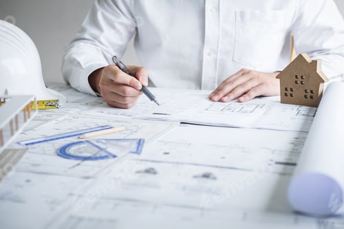 Preview: Construction engineering or architect hands working on blueprint inspection in workplace