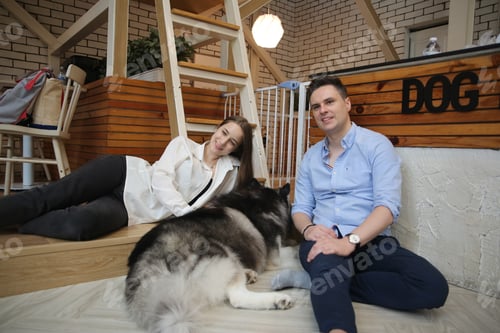 Preview: Young man play with dog in cafe