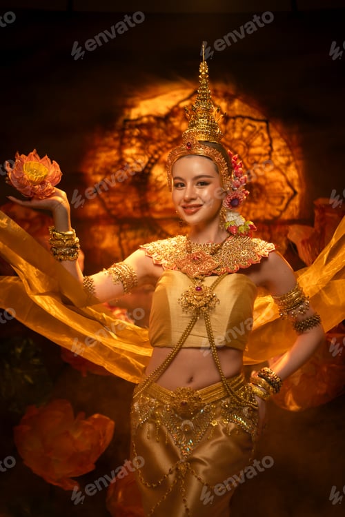Preview: A beautiful woman in traditional Thai costume performing a classical dance