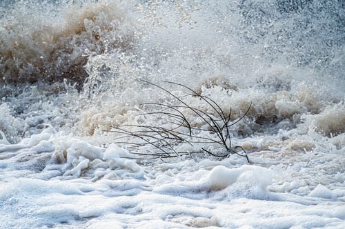 Preview: close up of flowing water, rapid water splashes of an white water river or stream, bubbly water