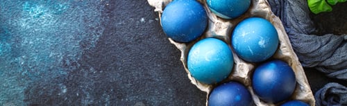 Preview: Easter Eggs Painted Blue Treat Festive Table Rustic Meal Top View Copy Space For Text Food