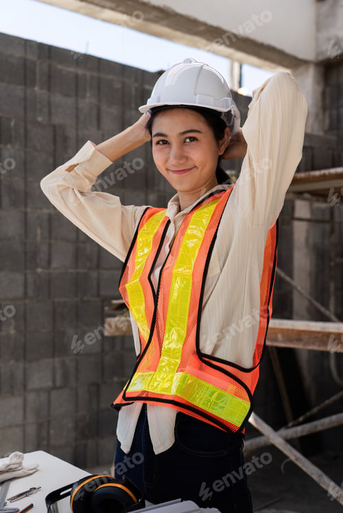 Preview: Female construction engineer. Architect with a blueprint at a construction site