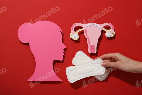 Preview: Pink female silhouette in profile with menstrual hygiene products