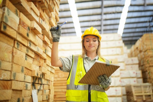 Preview: Woman with checklist in a timber and lumber warehouse. Product acceptance and quality control