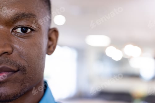 Preview: Portrait of happy african american businessman in modern office