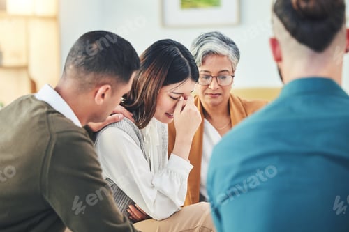 Preview: Support, group and psychologist comfort woman in depression, crying or cancer trauma. Counseling, t