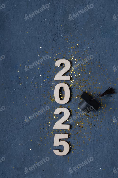 Preview: Graduation cap on wooden number 2025 on dark background. Class of 2025 concept