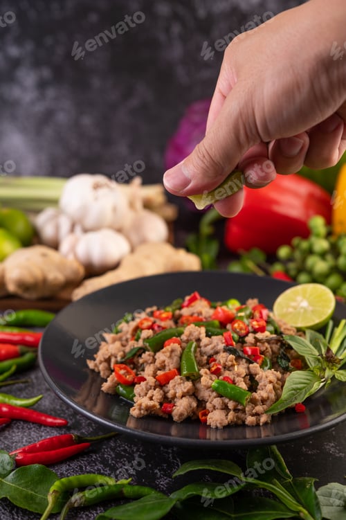 Preview: Stir-fried pork basil on banana leaves in a black dish.