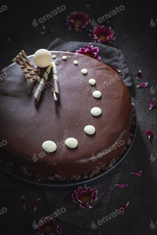 Preview: Sweet chocolate cake decorated with summer flowers