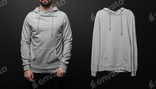 Preview: cropped view of bearded man near blank basic grey hoodie isolated on black background
