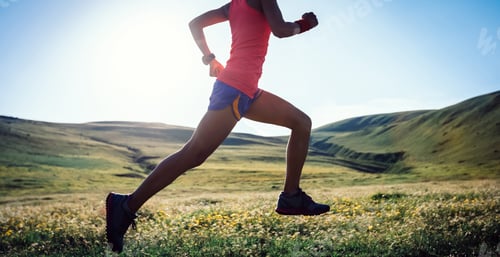 Preview: Young fitness woman trail runner running on high altitude grassland