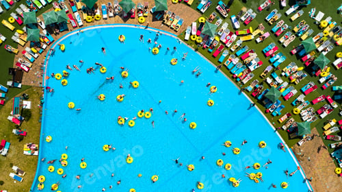 Preview: Top view of people relaxing in the pool on yellow inflatable circles and sun beds on the beach