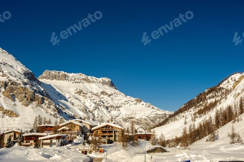 Preview: Alpine winter mountain landscape. French Alps with snow.