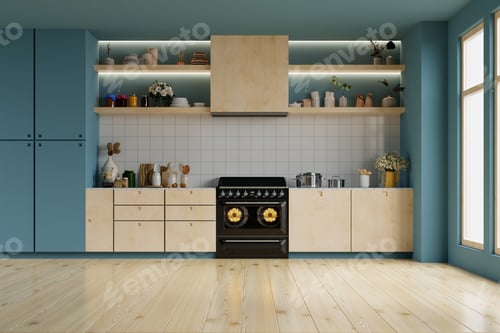 Preview: Modern style kitchen interior design with mint green wall