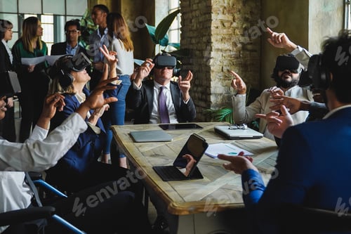 Preview: Diverse business people work with virtual reality headsets at office