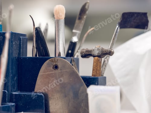 Preview: Set of dental prosthetics instruments and tools in workshop