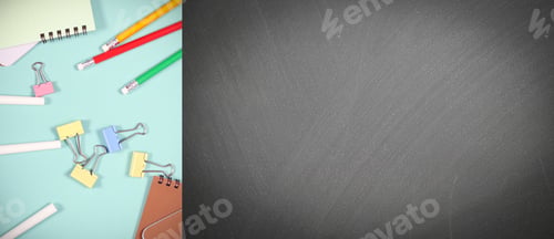Preview: Goods For Creativity And School Lie On A Bright Background Near School Black Board