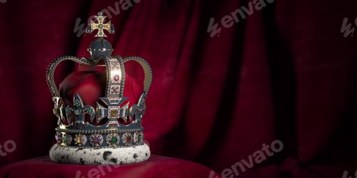 Preview: Royal golden crown with jewels on pillow on pink red background.