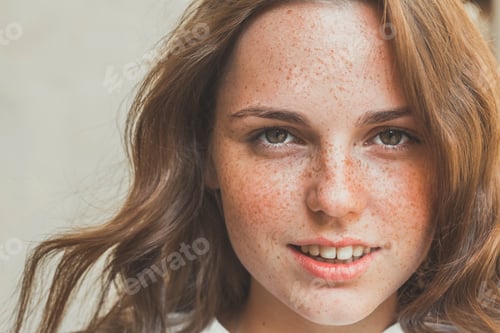 Preview: Freckled young beautiful woman street outdoor portrait