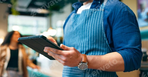Preview: Business owner, hands and tablet for cafe or restaurant marketing, online management and customer s