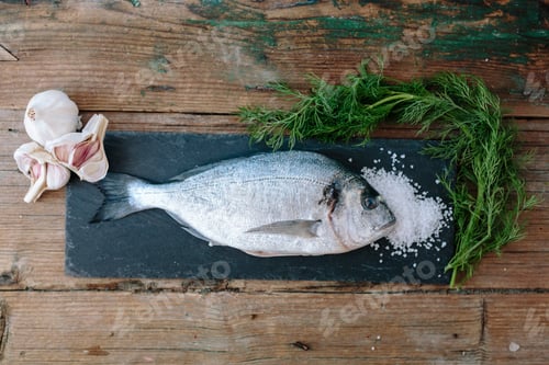 Preview: Sea Bream on a slate board with dill and salt and garlic