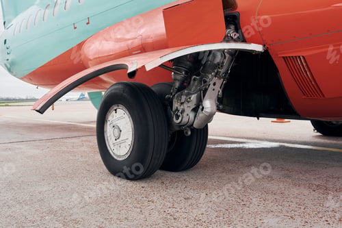 Preview: Close up view of wheels. Turboprop aircraft parked on the runway at daytime