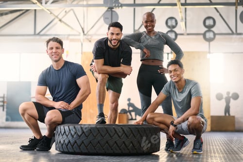 Preview: Fitness, friends and gym portrait by happy, relax and proud group ready for training, fitness and c
