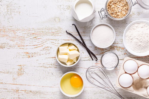 Preview: Ingredients for baking - flour, eggs, salt, sugar, milk.