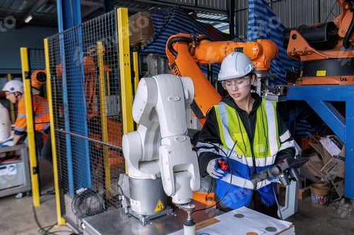 Preview: Young female asian service engineer holding robot controller operate robot arm automation factory