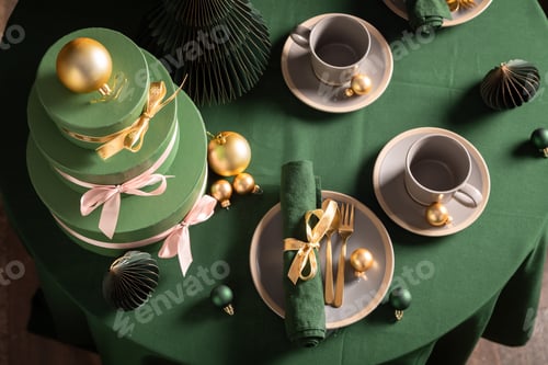 Preview: Modern green Christmas tableware for two with tableware and presents.