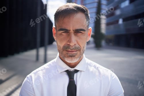 Preview: Close-up portrait of mature business man with confident look at camera standing outside building.