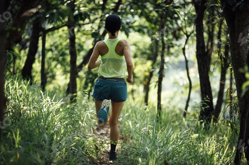 Preview: Fitness woman trail runner running in summer forest trail