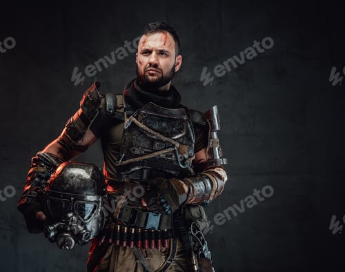 Preview: Apocalyptic survivor posing with helmet in dark background