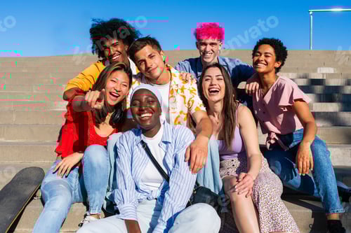 Preview: Multiethnic group of young happy friends hanging out